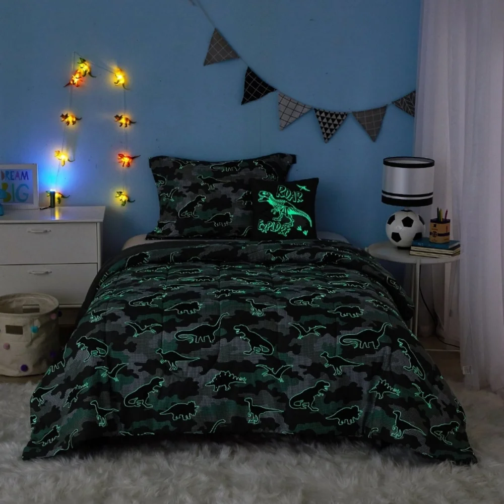 5Pc Dinosaur Glow in the Dark Comforter Set Bedding w/String Lights Blanket Camo